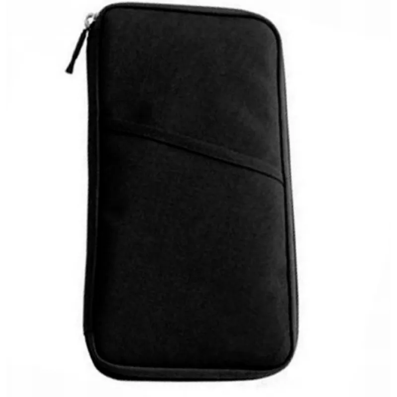 Black travel document organiser, closed, with zip fastening and front pocket