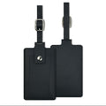 Front and back views of one black PU luggage tag with privacy flap and buckle strap; body 10.7 × 6.6 cm