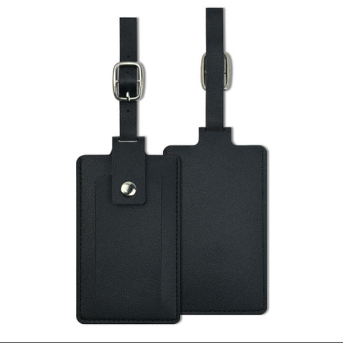 Front and back views of one black PU luggage tag with privacy flap and buckle strap; body 10.7 × 6.6 cm