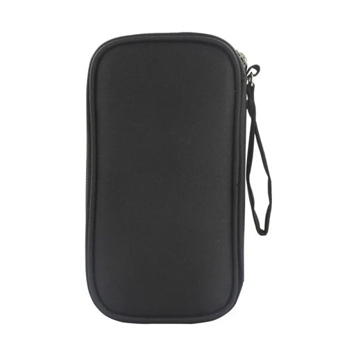 Black travel cable organiser, closed, with zip fastening and wrist strap