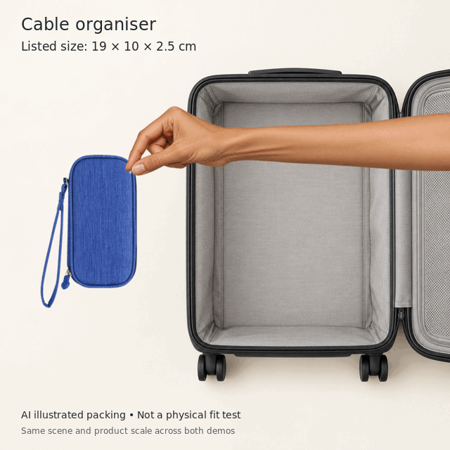 AI illustration of a hand packing a blue cable organiser