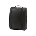 Black travel shoe pouch, closed, with twin zip pulls, carry handle and side mesh panel