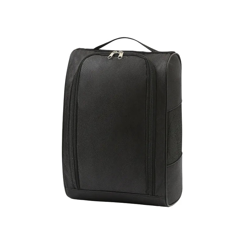 Black travel shoe pouch, closed, with twin zip pulls, carry handle and side mesh panel